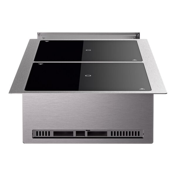 A dual hob drop-in induction range with a stainless steel frame and black glass cooking surfaces.