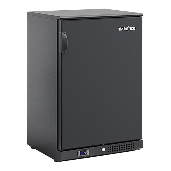 A black narrow solid door back bar refrigerator with a single door and digital temperature display.