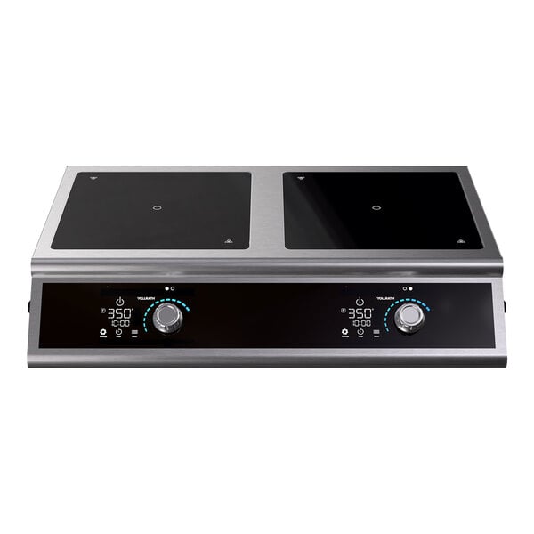A dual hob side by side countertop induction range with digital controls and temperature display.