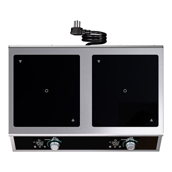 A dual hob side by side countertop induction range with temperature control probe and digital controls.