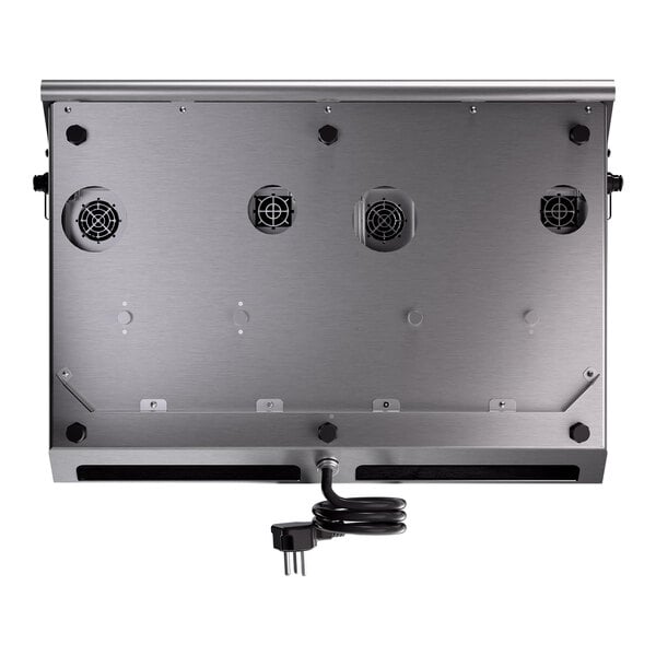 A stainless steel dual hob side by side countertop induction range with a temperature control probe and power cord.