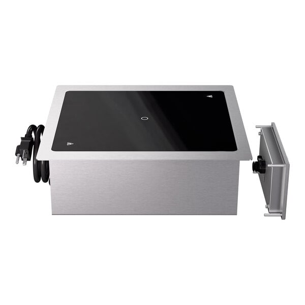 A single-hob drop-in induction range with a black glass top, stainless steel body, power cord, and a separate control panel.