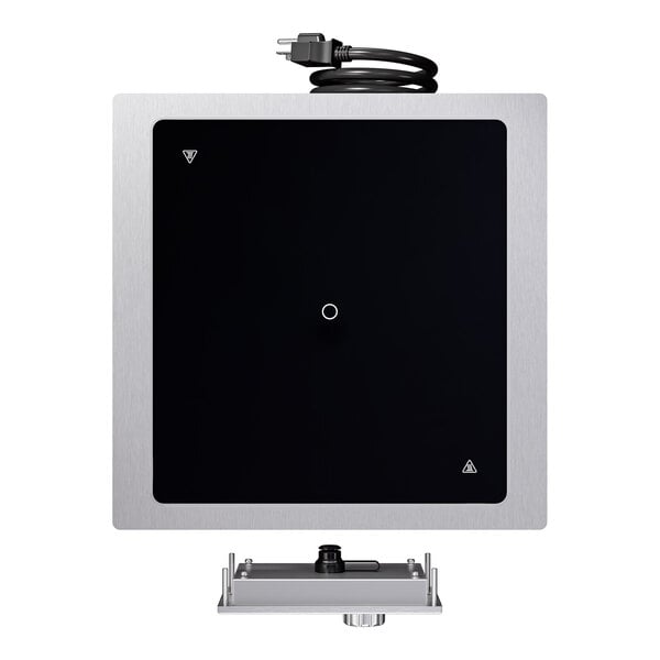 A single-hob drop-in induction range with a black glass surface, stainless steel trim, and an attached power cord.
