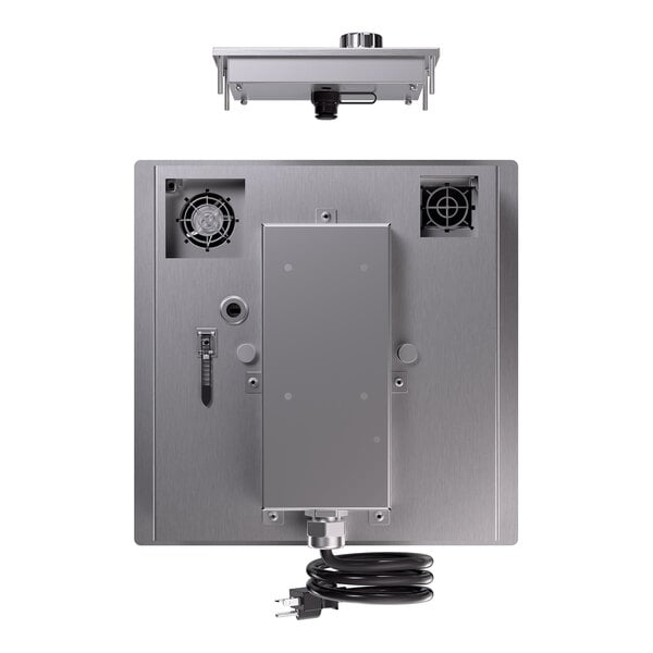 A single-hob drop-in induction range with a stainless steel finish, visible cooling fans, control panel, and attached power cord.