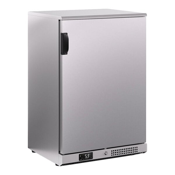 A stainless steel narrow solid door back bar refrigerator with a digital temperature display at the bottom.