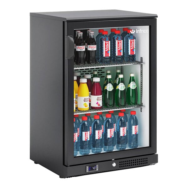 A black narrow glass door back bar refrigerator stocked with various bottled beverages.
