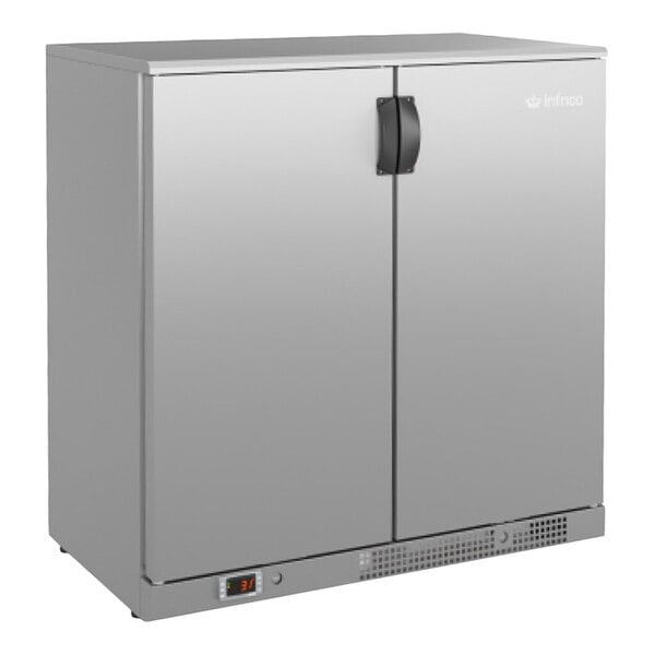 A stainless steel narrow solid door back bar refrigerator with two doors and a digital temperature display.
