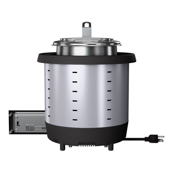A stainless steel 4-quart drop-in induction rethermalizer with a lid, power cord, and control panel.
