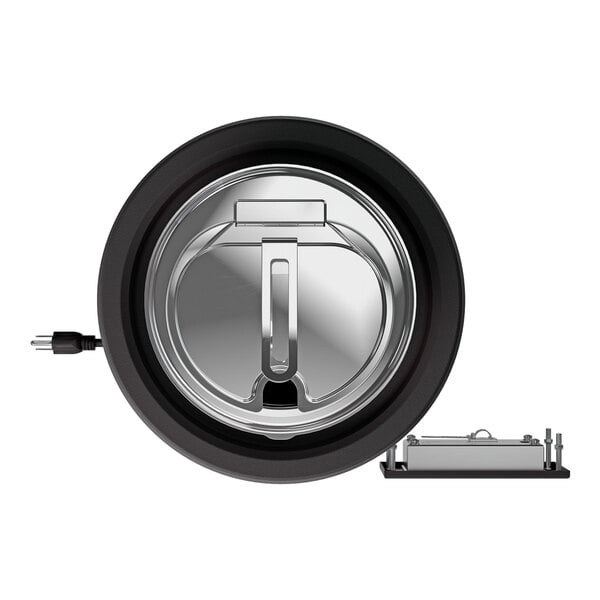A round, stainless steel drop-in induction rethermalizer with a lid and attached power cord.