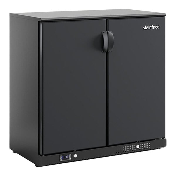 A black, narrow, double-door back bar refrigerator with solid doors and a digital control panel at the bottom.