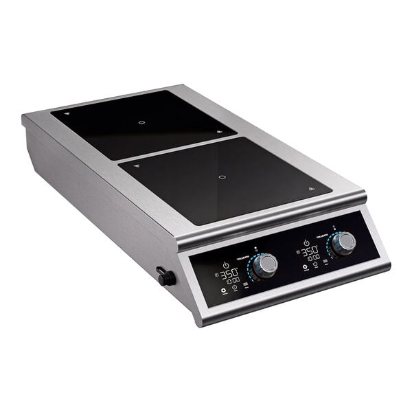 A dual hob front to back countertop induction range with temperature control probe and digital controls.