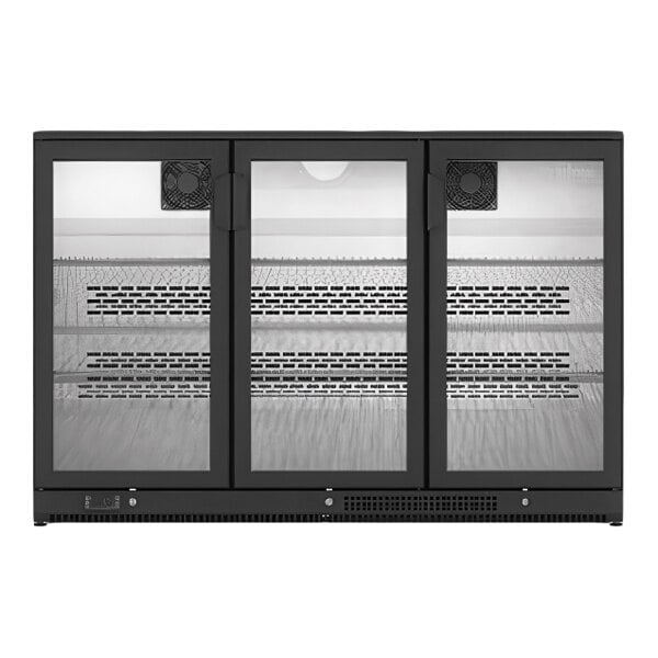 A black, three-door glass back bar refrigerator with interior shelving.
