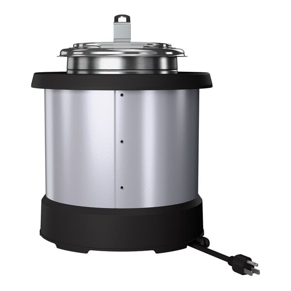 A stainless steel 4-quart induction rethermalizer with a black base and an attached power cord.