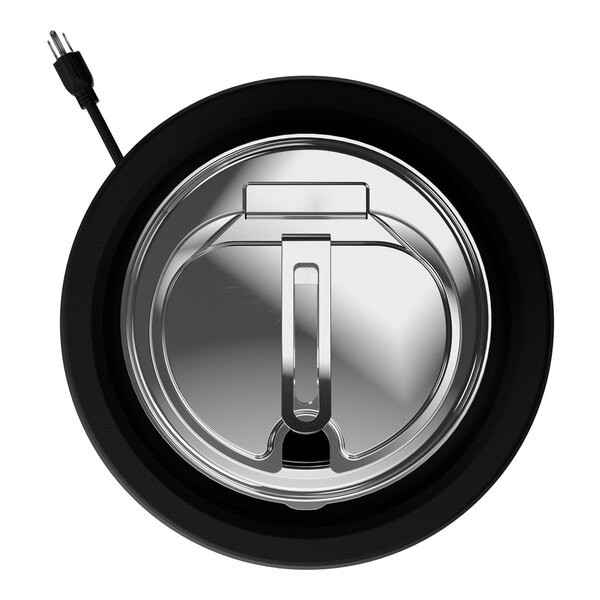 A round, stainless steel induction rethermalizer with a lid and an attached power cord.