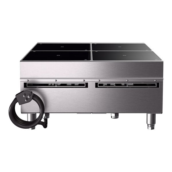 A four-hob heavy duty induction range with a temperature control probe and stainless steel construction.
