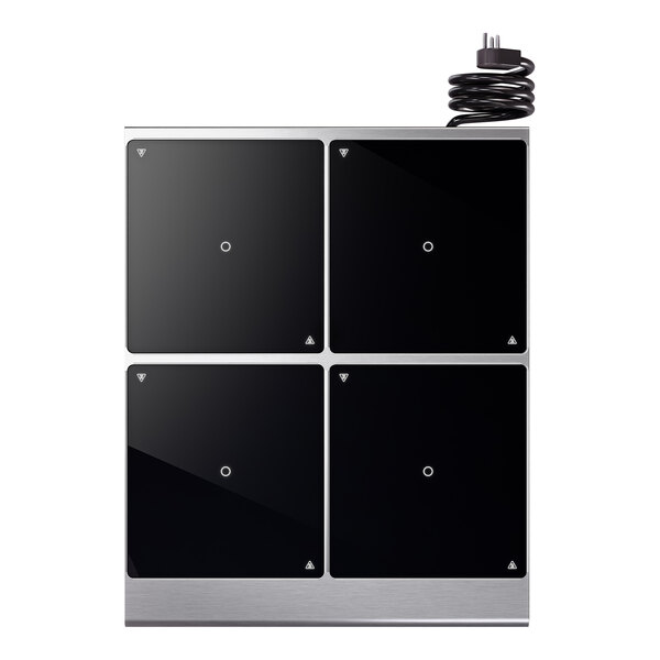 A four-burner heavy duty induction range with a temperature control probe and a coiled power cord.