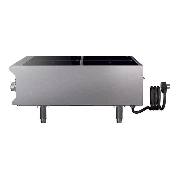 A stainless steel four-hob heavy duty induction range with a temperature control probe and an attached power cord.