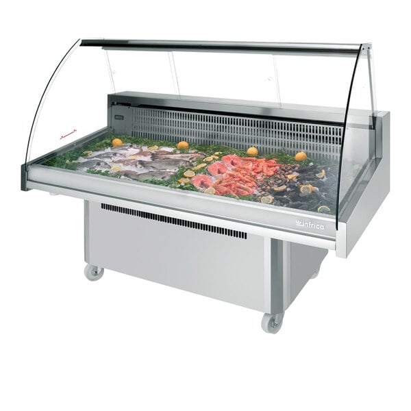 A self-contained curved glass fish display case with a stainless steel base and refrigerated interior, designed for showcasing seafood.