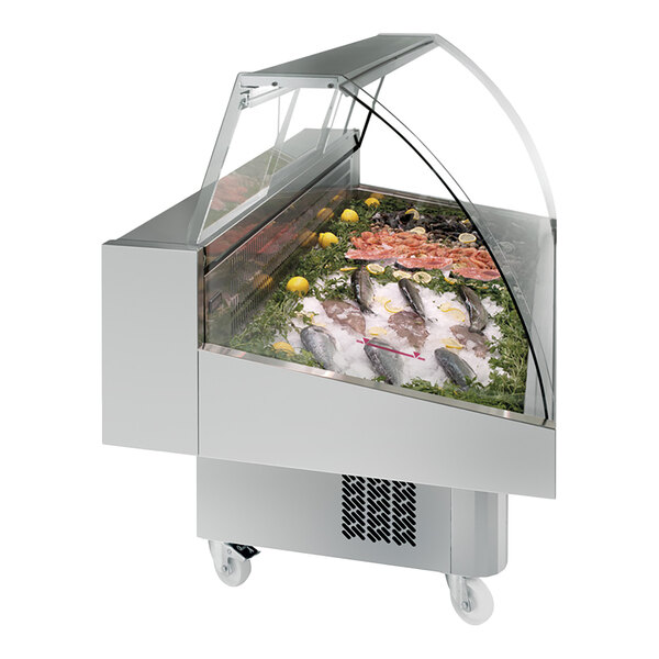 A stainless steel self-contained curved glass fish display case with ice and seafood inside.