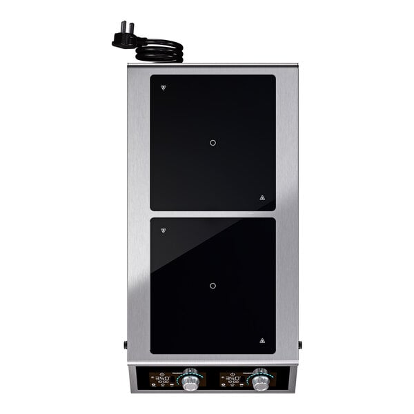 A dual hob front to back countertop induction range with temperature control probe and two control knobs.