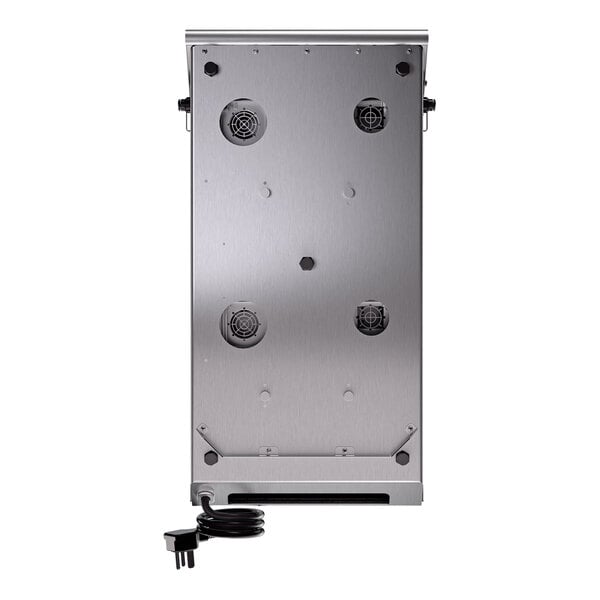 A stainless steel countertop induction range with dual hobs, ventilation fans, and a power cord.