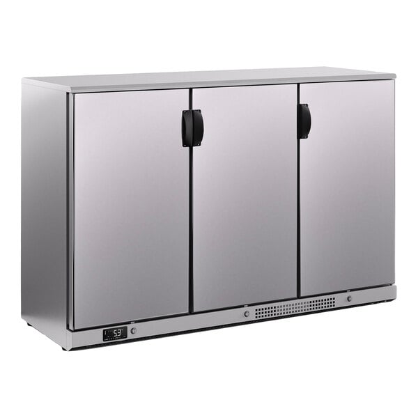 A stainless steel back bar refrigerator with three narrow solid doors and a digital temperature display.