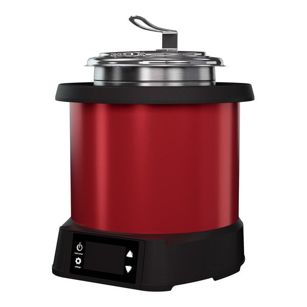A red 4-quart induction rethermalizer with a digital control panel and a stainless steel lid.