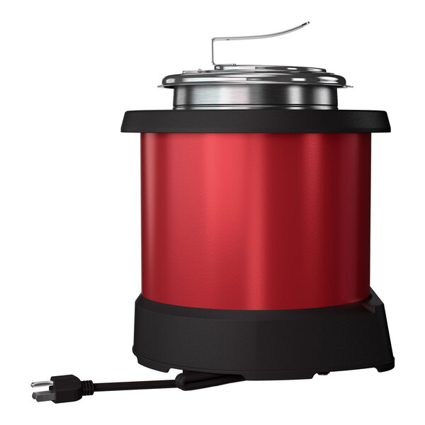 A red Vollrath 4-quart induction rethermalizer with a black base and an attached power cord.
