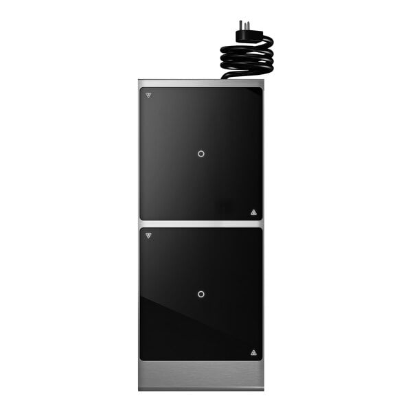 A dual hob heavy duty induction range with a temperature control probe and a coiled power cord.