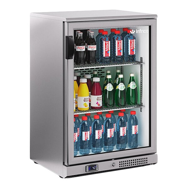 A stainless steel narrow glass door back bar refrigerator stocked with various bottled beverages.