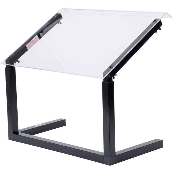 A Carlisle black adjustable single sneeze guard on a clear glass table with black legs.