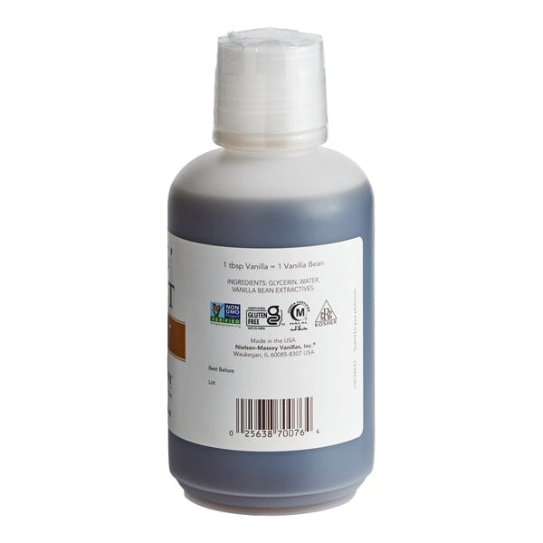 A plastic bottle of Nielsen-Massey Chef's Select Alcohol-Free Vanilla extract.