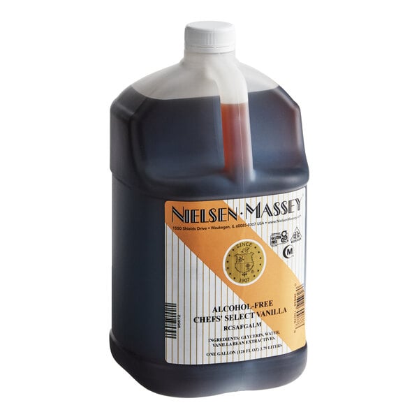 A one-gallon container of Nielsen-Massey Chef's Select Alcohol-Free Vanilla extract.