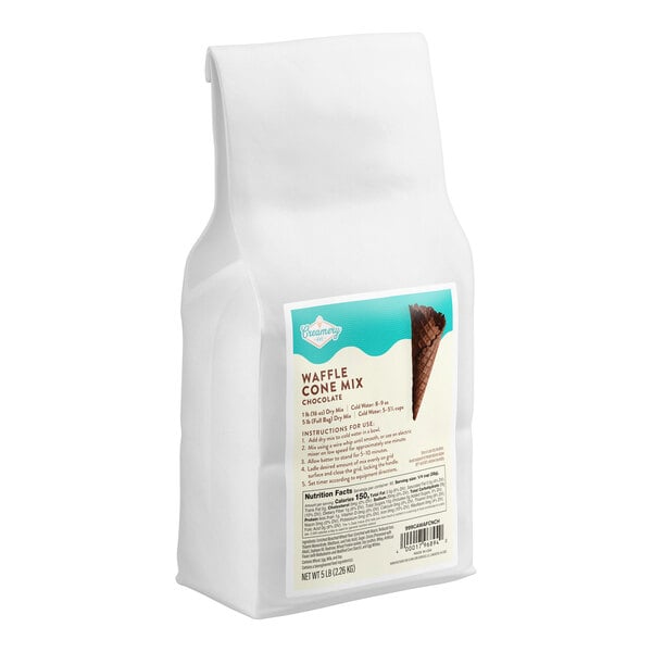 A white bag with a label showing it contains chocolate waffle cone mix, featuring an image of a chocolate waffle cone.