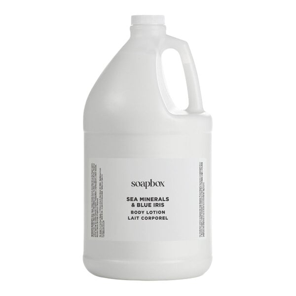 A one-gallon container of Soapbox Sea Minerals and Blue Iris body lotion.