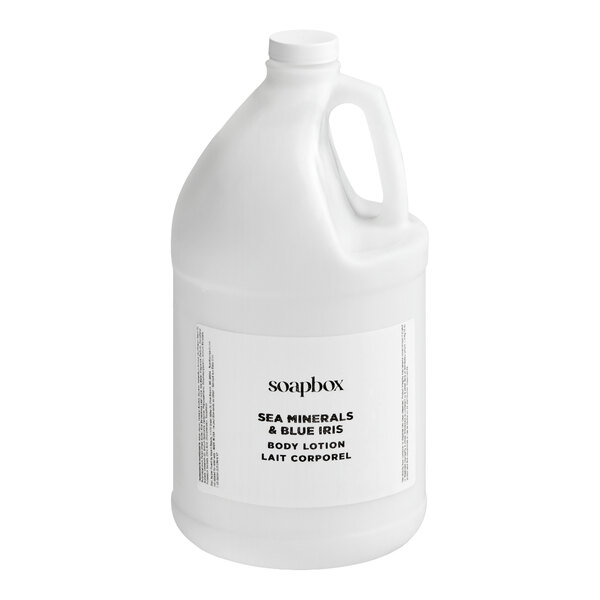 A one-gallon container of Soapbox Sea Minerals and Blue Iris body lotion.