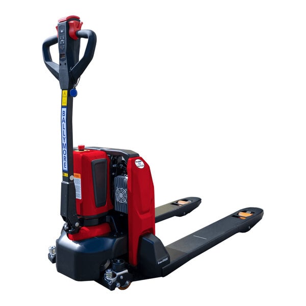 A red and black battery-powered pallet truck with a handle and two long forks, designed for lifting and moving heavy loads.