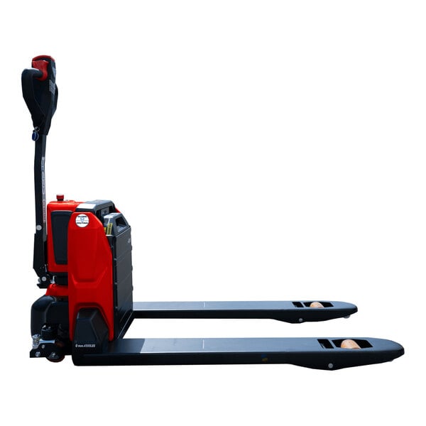 A battery-powered pallet truck with a red and black body and long forks, designed for lifting and moving heavy loads.