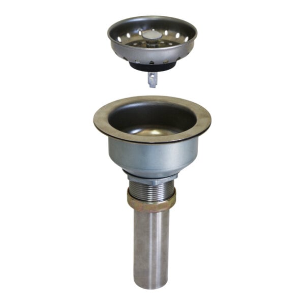 A stainless steel sink strainer with a tailpiece, shown with the strainer basket separated from the main body.