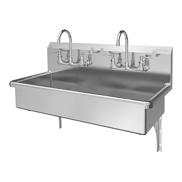 A stainless steel two-person wall mount sink with dual faucets and backsplash.