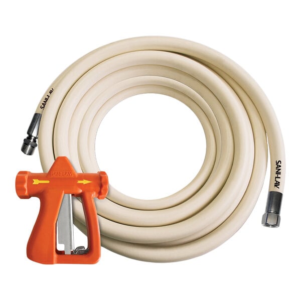 A white wash-down kit with a 50-foot hose and an orange spray nozzle.