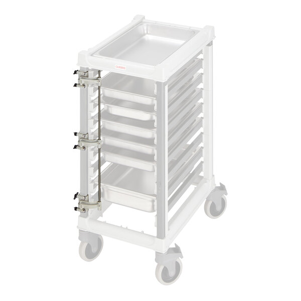 A metal pan stop accessory designed for use with Cambro Camshelving pan racks.