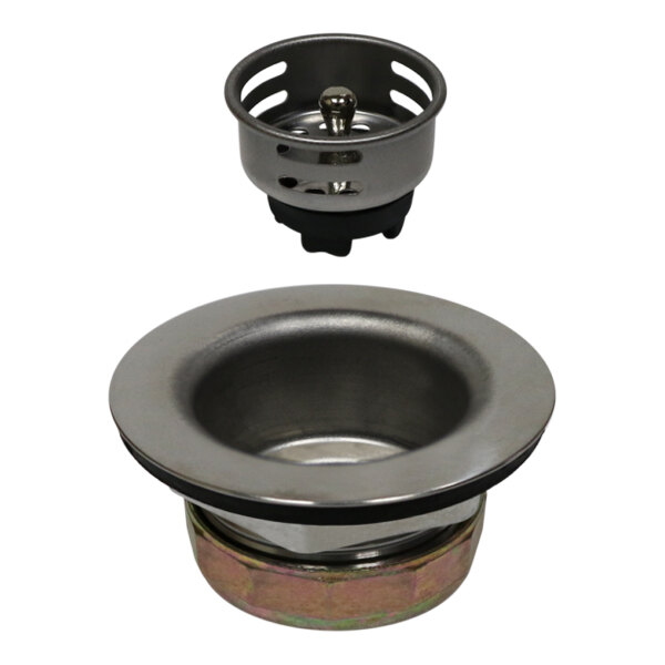 A stainless steel sink strainer with a removable basket and a wide rim.