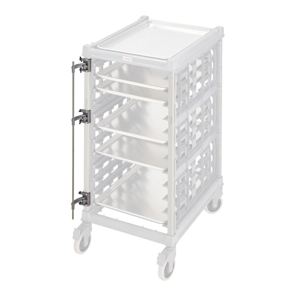 A metal pan stop accessory designed for Cambro Camshelving pan racks.