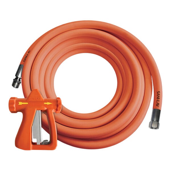 An orange wash-down kit with a 50-foot hose and an orange spray nozzle.