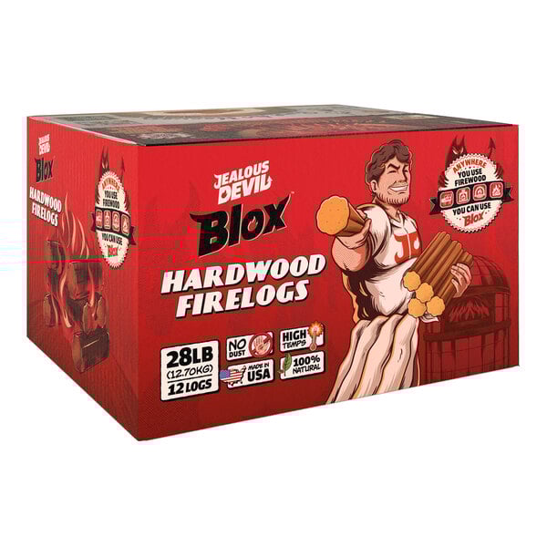 A box of Jealous Devil Blox hardwood firelogs made from white oak, containing 12 logs per case.
