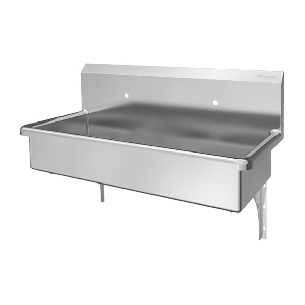 A stainless steel two-person wall mount sink without a faucet.