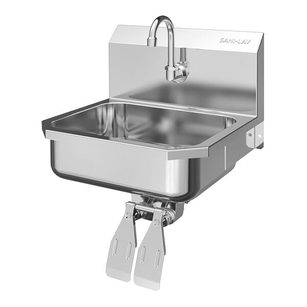 A stainless steel wall-mounted hands-free sink with a double knee-operated faucet.
