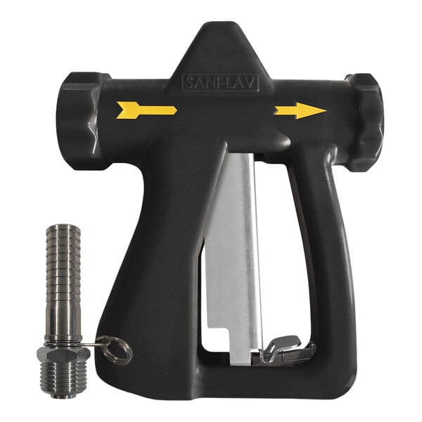 A black ergonomic hot water spray nozzle with a metal connector attachment.