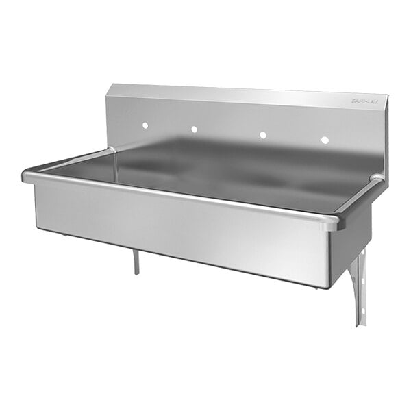 A stainless steel two-person wall mount sink without a faucet.
